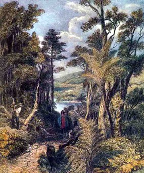 The Hutt Road taken at The Gorge looking towards Wellington, by Samuel Charles Brees, Pictorial Illustrations of New Zealand, John Williams and Co., London, 1848.