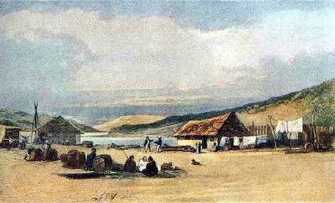 Thom's Whaling Station, Porerua, by Samuel Charles Brees, Pictorial Illustrations of New Zealand, John Williams and Co., London, 1848.