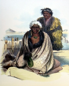 Angas, George French 1822-1886 :The New Zealanders Illustrated. London, Thomas McLean, 1847. 
Te Heuheu & Hiwikau, Plate 56. 1847.
