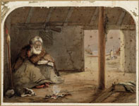 Te Puni seated in a whare in Pito-one Pa 1860. Watercolour by Charles Barraud
